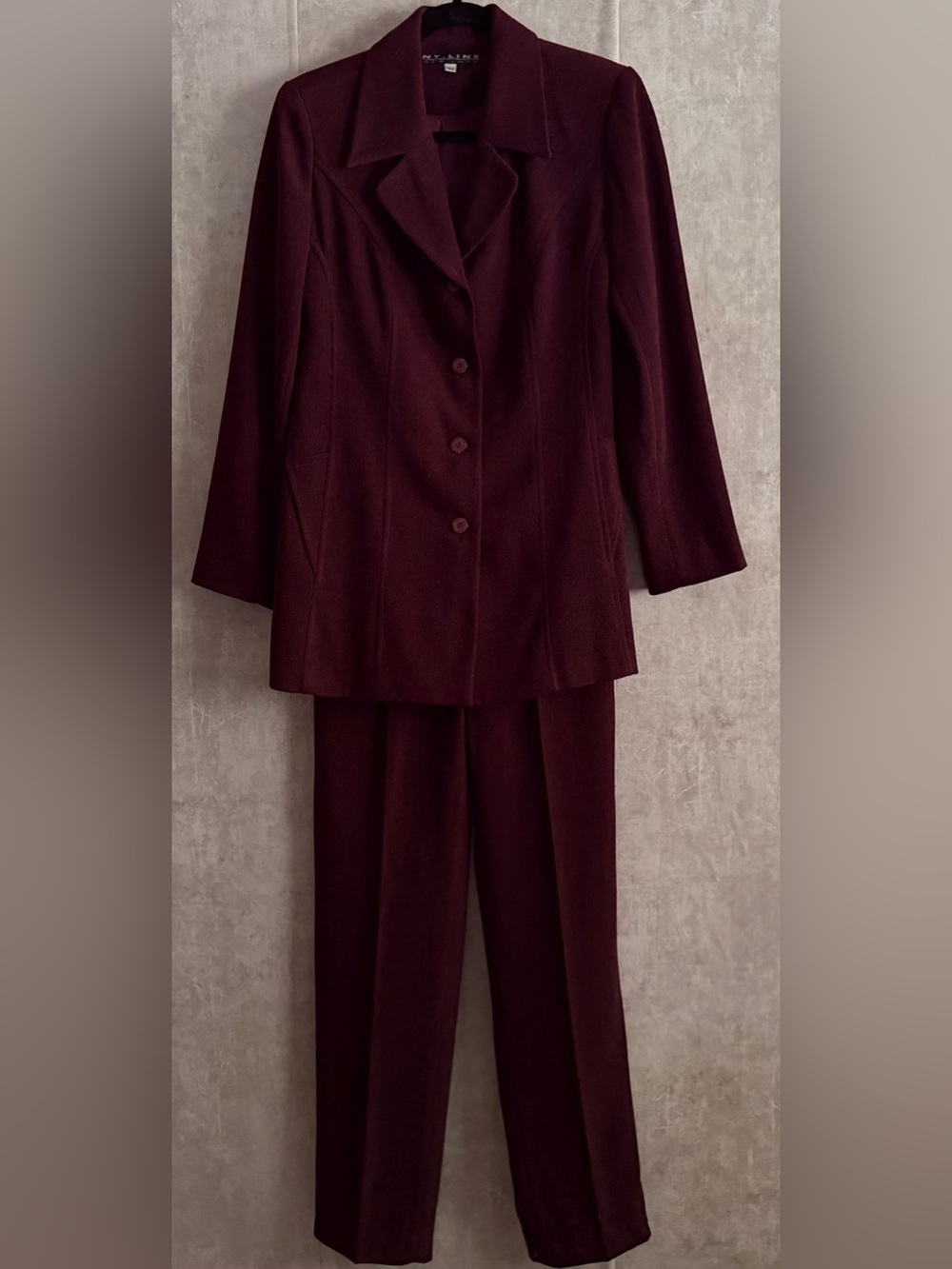 NY Line New York Burgundy Pant Suit Set 42 Blazer  3 Button Pants Career Ofc 2/4